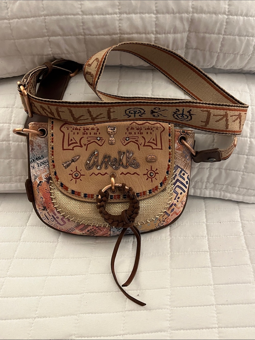 Original Anekke Tan Mixed-Material Crossbody w/Decorative Strap & Metal Charms